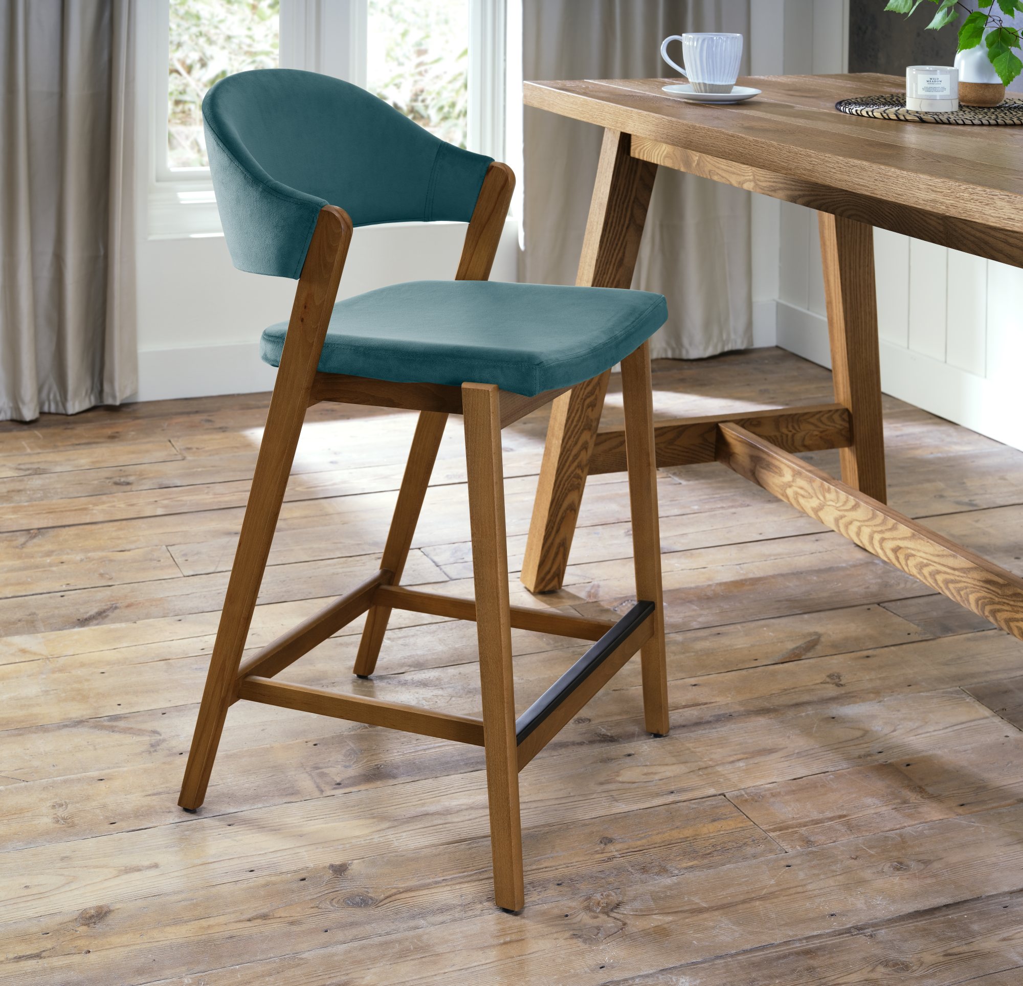 Rosen Rustic Oak Upholstered Bar Stool in an Azure Velvet Fabric (Single)