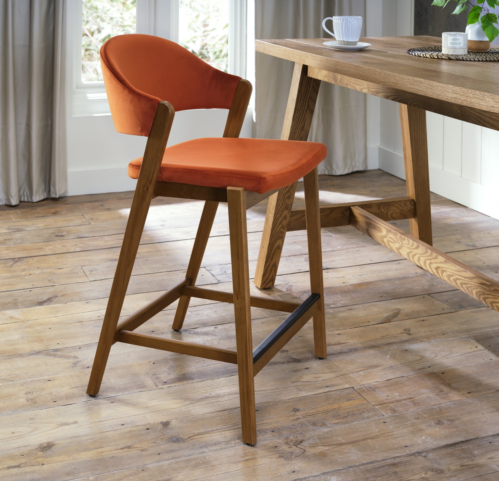 Rosen Rustic Oak Upholstered Bar Stool in an Rust Velvet Fabric (Single)