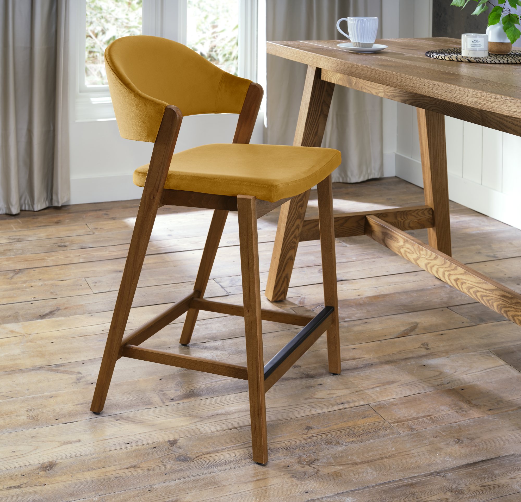 Rosen Rustic Oak Upholstered Bar Stool in an Mustard Velvet Fabric (Single)