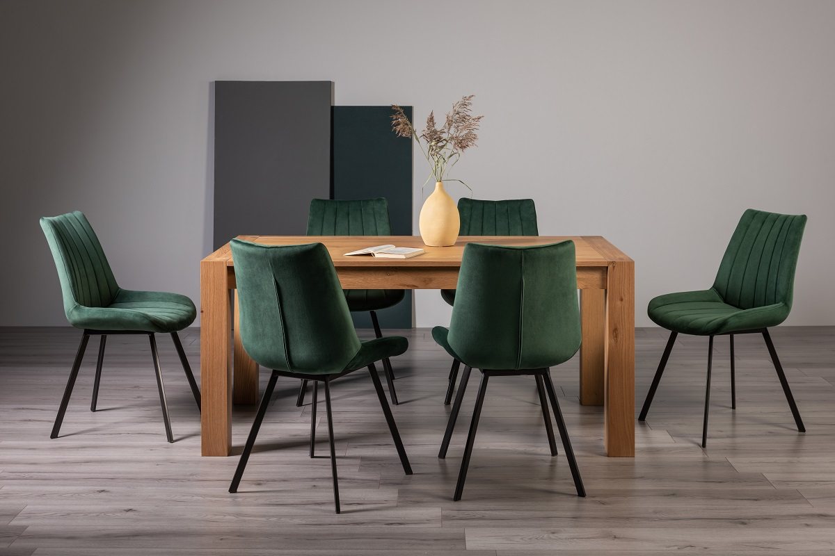 Blake Light Oak 6-8 Dining Table & 6 Fontana Green Velvet Fabric Chairs