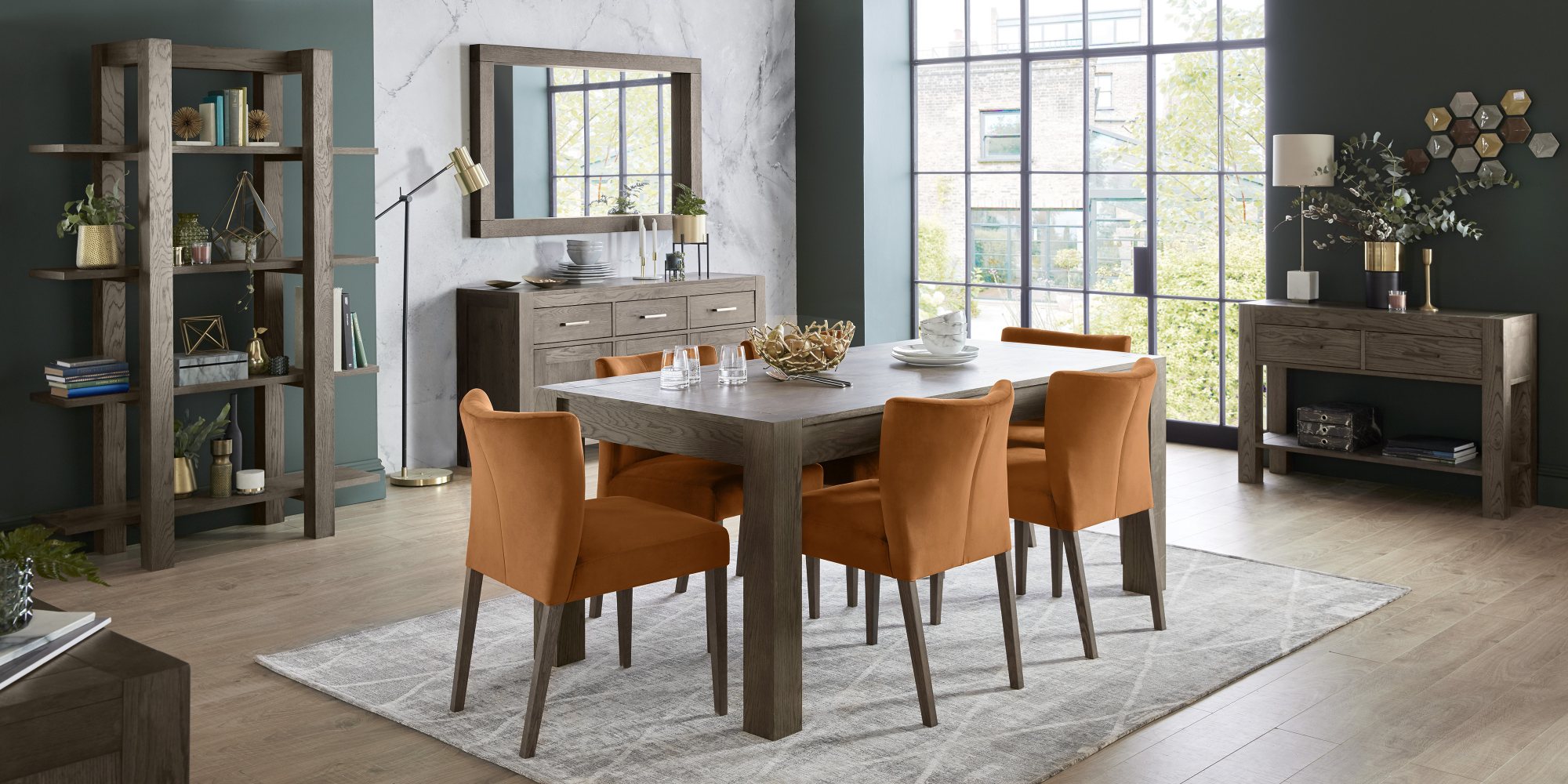 Home Origins Blake Dark Oak 6-8 Seater Dining Table & 6 Blake Dark Oak Low Back Upholstered Chairs- Harvest Pumpkin Velvet Fa