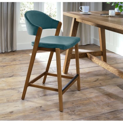 Rosen Rustic Oak Upholstered Bar Stool in an Azure Velvet Fabric (Single)