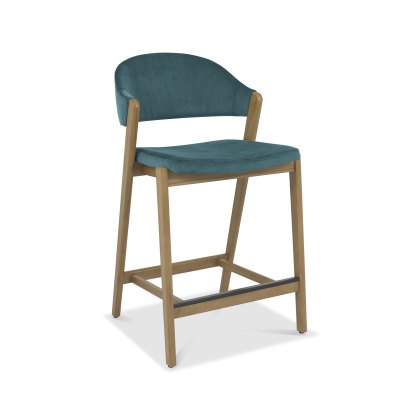 Rosen Rustic Oak Upholstered Bar Stool in an Azure Velvet Fabric (Single)