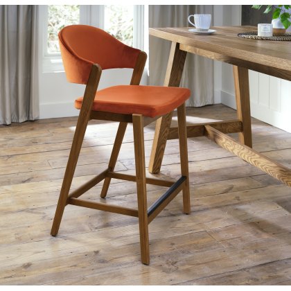 Rosen Rustic Oak Upholstered Bar Stool in an Rust Velvet Fabric (Single)