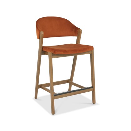 Rosen Rustic Oak Upholstered Bar Stool in an Rust Velvet Fabric (Single)