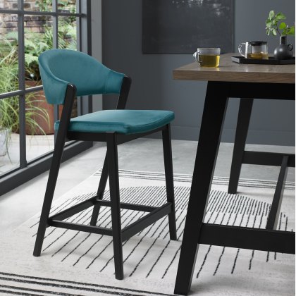 Rosen Peppercorn Upholstered Bar Stool in an Azure Velvet Fabric (Single)