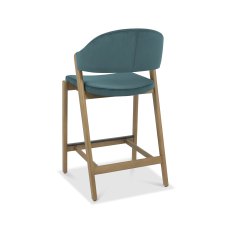 Rosen Rustic Oak Upholstered Bar Stool in an Azure Velvet Fabric (Single)